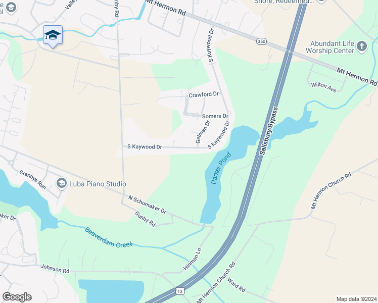 map of restaurants, bars, coffee shops, grocery stores, and more near 1710 South Kaywood Drive in Salisbury
