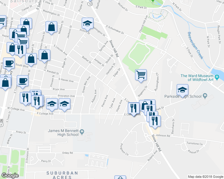 map of restaurants, bars, coffee shops, grocery stores, and more near 543 East Lincoln Avenue in Salisbury