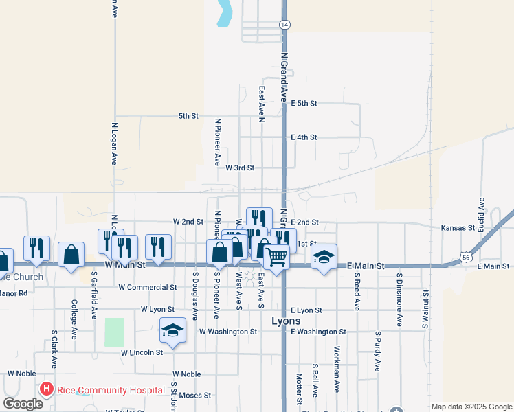map of restaurants, bars, coffee shops, grocery stores, and more near 321-355 East Ave North in Lyons
