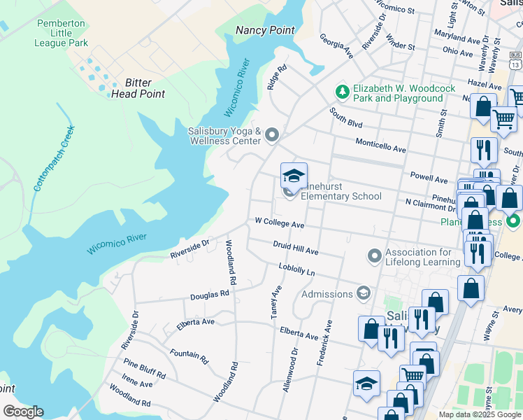 map of restaurants, bars, coffee shops, grocery stores, and more near 1014 Evergreen Avenue in Salisbury