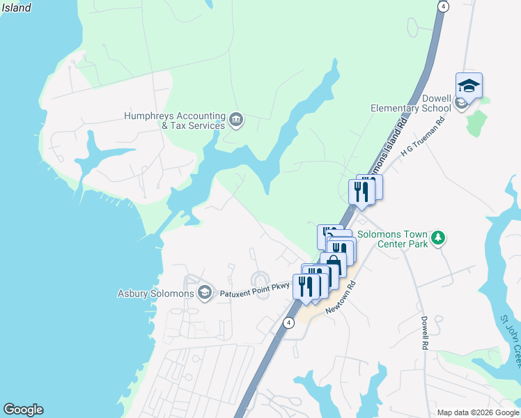 map of restaurants, bars, coffee shops, grocery stores, and more near 355 Swaggers Point Rd in Solomons