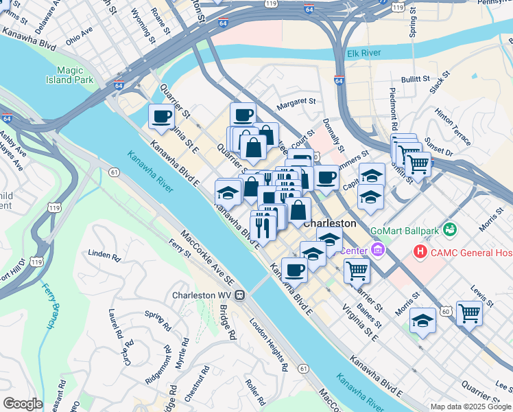 map of restaurants, bars, coffee shops, grocery stores, and more near 600 Kanawha Boulevard East in Charleston