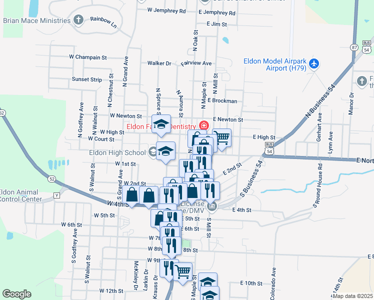 map of restaurants, bars, coffee shops, grocery stores, and more near 201-299 E North St in Eldon