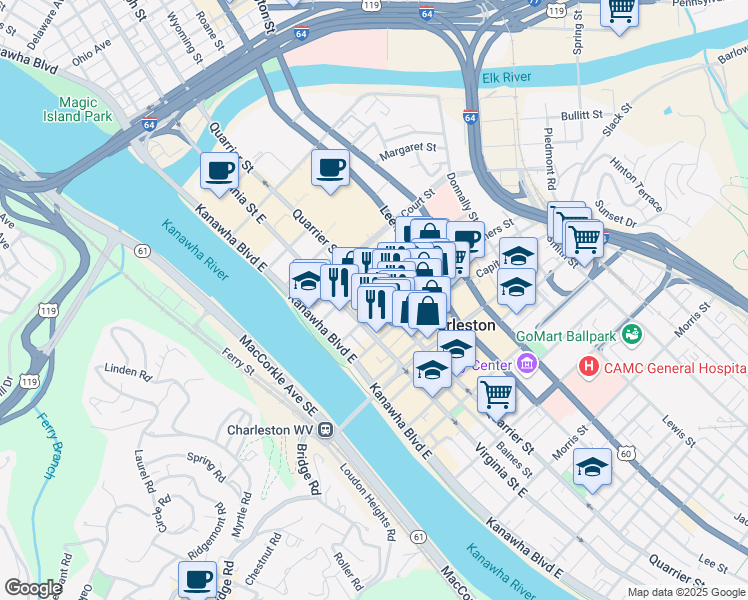 map of restaurants, bars, coffee shops, grocery stores, and more near 129 Summers Street in Charleston