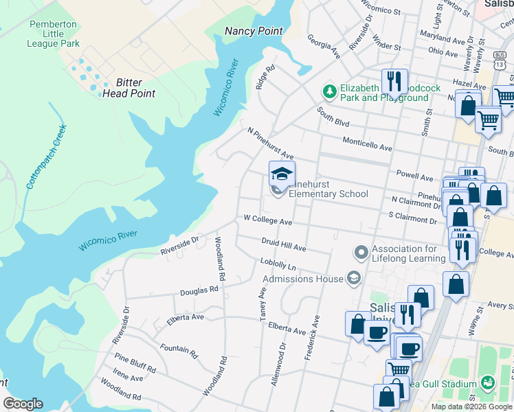 map of restaurants, bars, coffee shops, grocery stores, and more near 521 West College Avenue in Salisbury