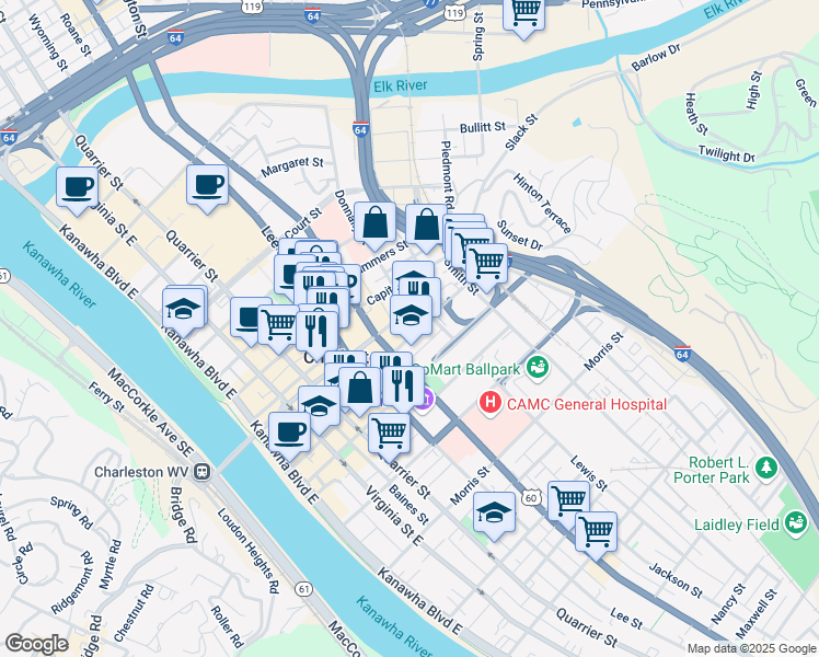 map of restaurants, bars, coffee shops, grocery stores, and more near 413 Shrewsbury Street in Charleston