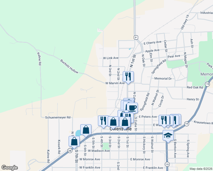 map of restaurants, bars, coffee shops, grocery stores, and more near 508 North 3rd Street in Owensville
