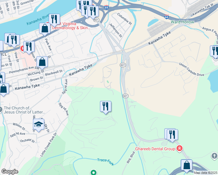 map of restaurants, bars, coffee shops, grocery stores, and more near 14 Pope Way in South Charleston