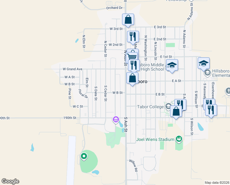 map of restaurants, bars, coffee shops, grocery stores, and more near 298 S Birch St in Hillsboro