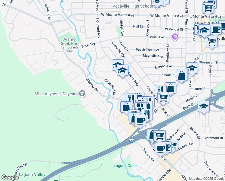 map of restaurants, bars, coffee shops, grocery stores, and more near 558 Edgewood Drive in Vacaville