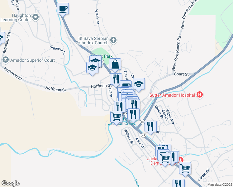 map of restaurants, bars, coffee shops, grocery stores, and more near 205 Sutter Street in Jackson