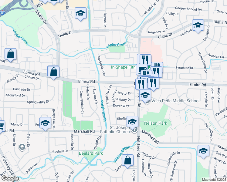 map of restaurants, bars, coffee shops, grocery stores, and more near 312 Lance Drive in Vacaville