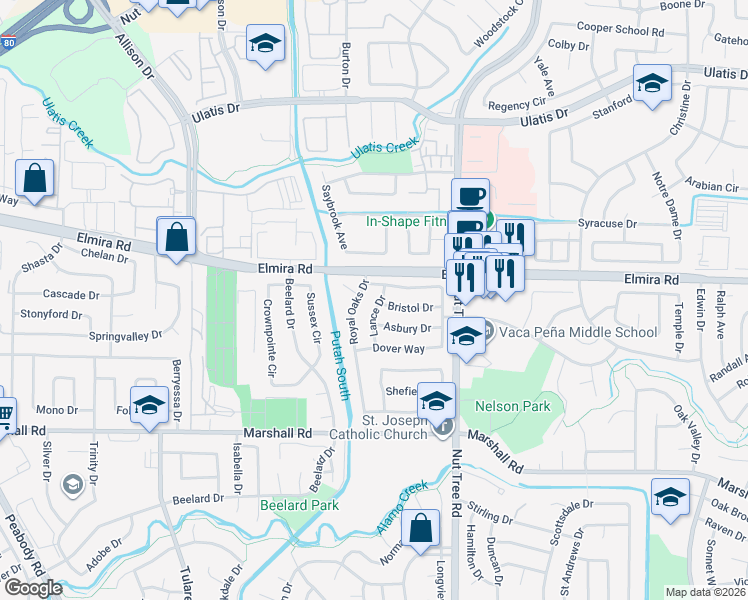 map of restaurants, bars, coffee shops, grocery stores, and more near 312 Lance Drive in Vacaville