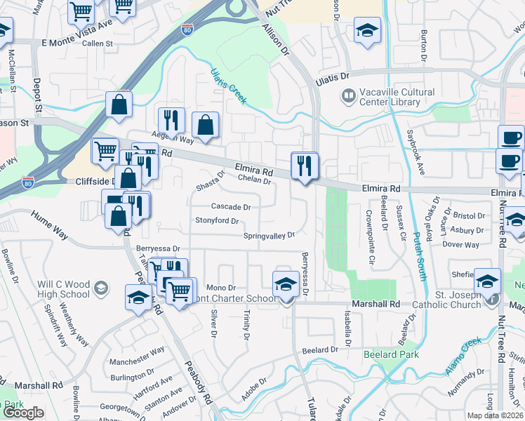 map of restaurants, bars, coffee shops, grocery stores, and more near 160 Lahotan Court in Vacaville