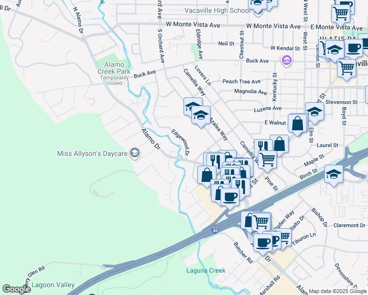 map of restaurants, bars, coffee shops, grocery stores, and more near 558 Edgewood Drive in Vacaville