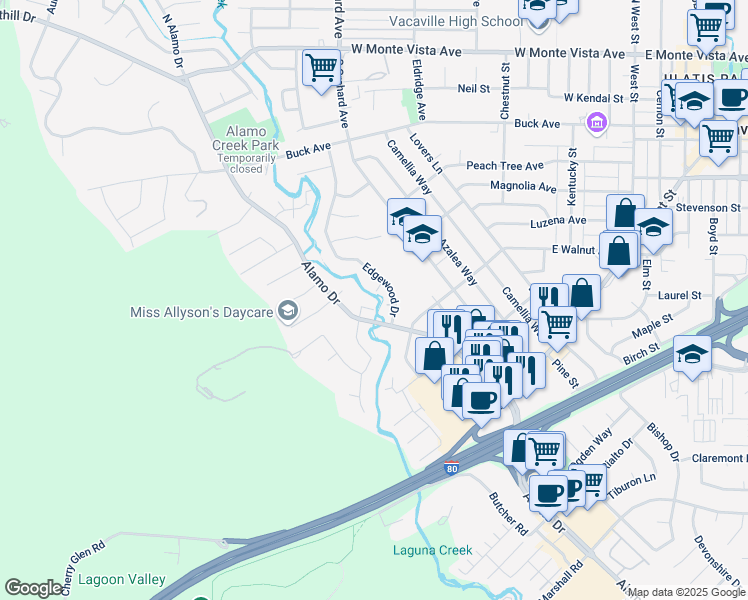 map of restaurants, bars, coffee shops, grocery stores, and more near 569 Alamo Drive in Vacaville