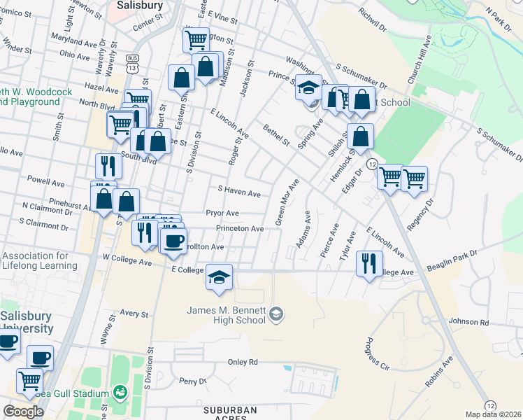 map of restaurants, bars, coffee shops, grocery stores, and more near 318 Pryor Avenue in Salisbury