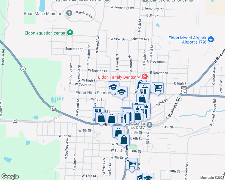 map of restaurants, bars, coffee shops, grocery stores, and more near 204 West North Street in Eldon
