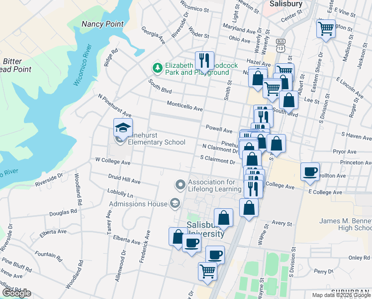 map of restaurants, bars, coffee shops, grocery stores, and more near 1010 Camden Avenue in Salisbury