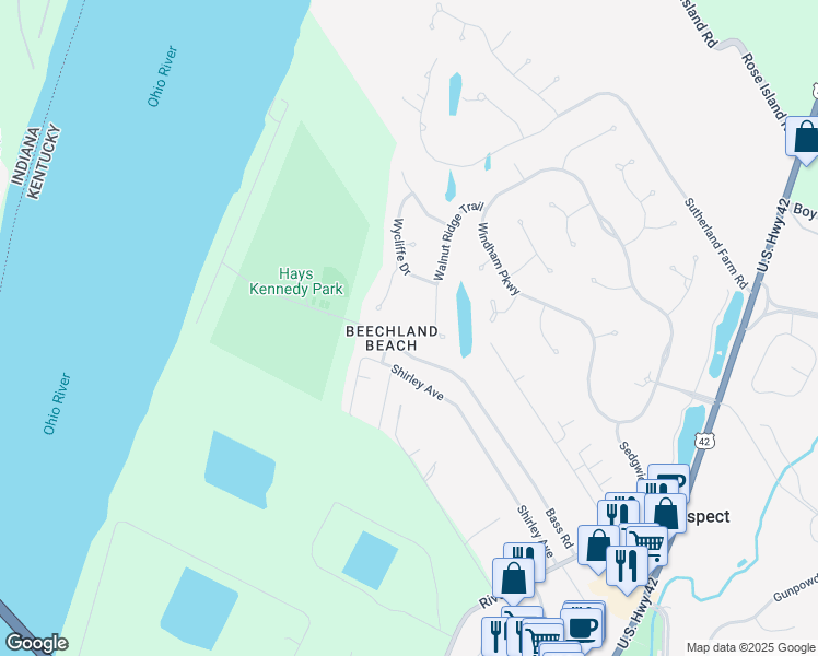 map of restaurants, bars, coffee shops, grocery stores, and more near 6301 Bass Road in Prospect