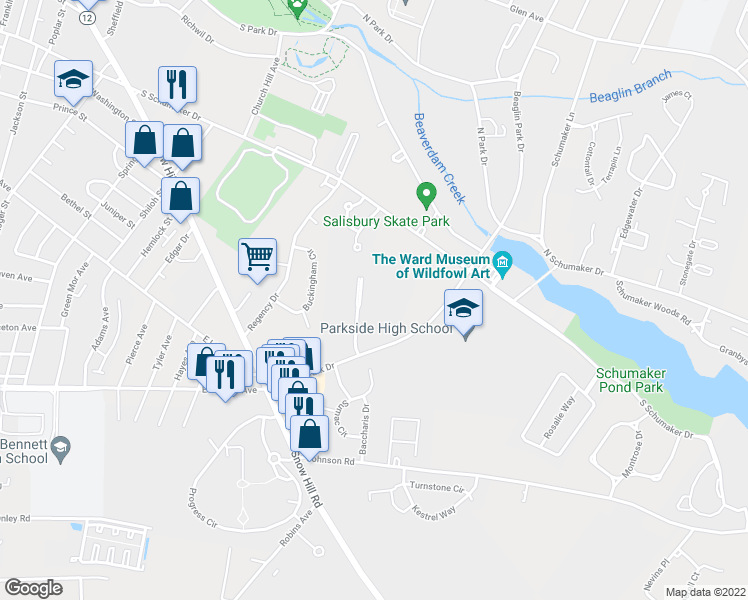 map of restaurants, bars, coffee shops, grocery stores, and more near 715 College Lane in Salisbury