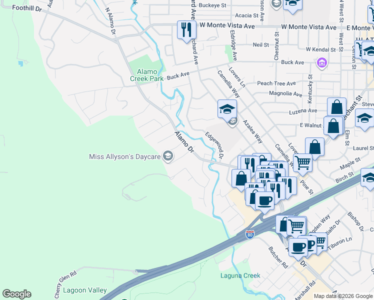 map of restaurants, bars, coffee shops, grocery stores, and more near 490 Alamo Drive in Vacaville