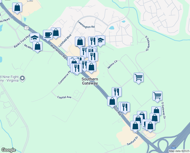 map of restaurants, bars, coffee shops, grocery stores, and more near 702 Warrenton Road in Fredericksburg