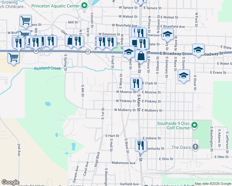 map of restaurants, bars, coffee shops, grocery stores, and more near 501-525 South Hall Street in Princeton