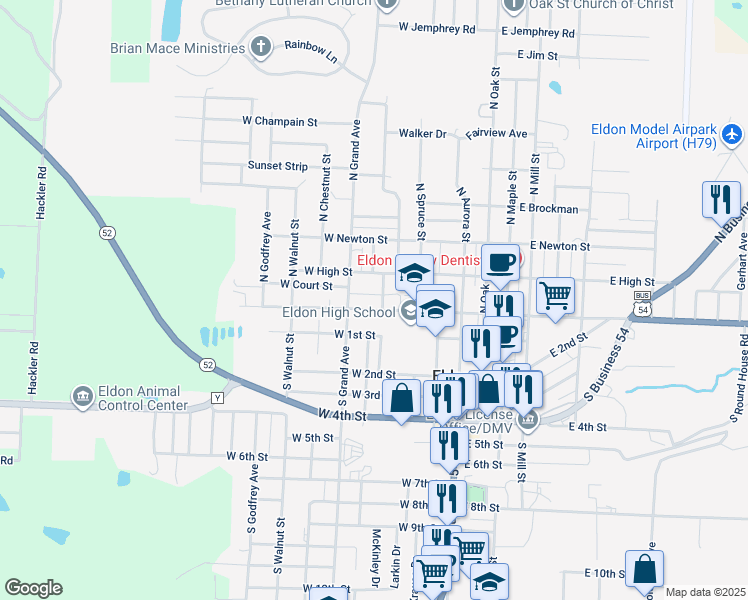 map of restaurants, bars, coffee shops, grocery stores, and more near 346-398 West North Street in Eldon