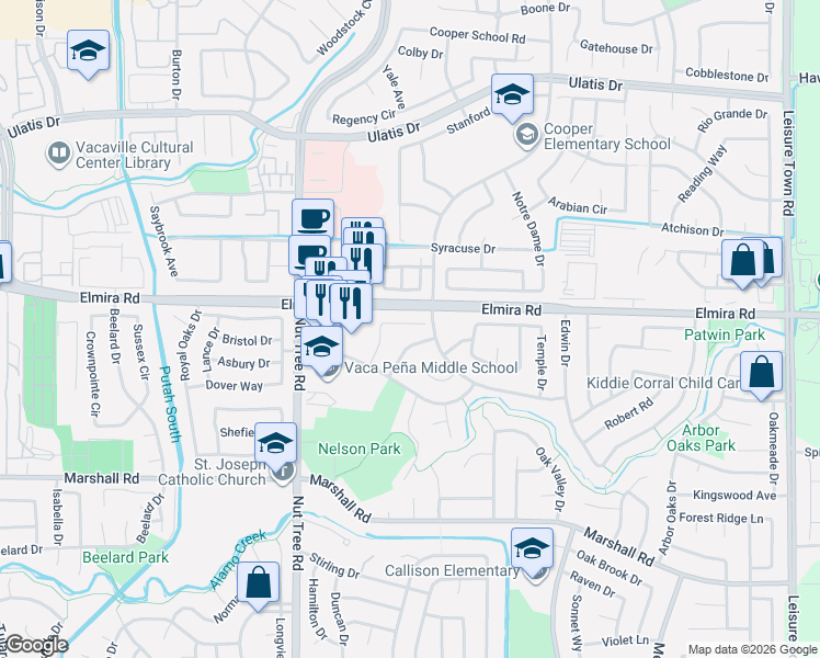 map of restaurants, bars, coffee shops, grocery stores, and more near 513 Purdue Drive in Vacaville