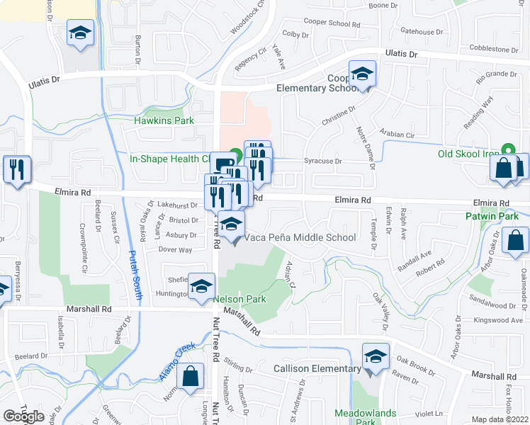map of restaurants, bars, coffee shops, grocery stores, and more near 536 Canvasback Court in Vacaville
