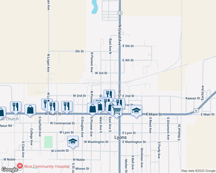 map of restaurants, bars, coffee shops, grocery stores, and more near 321 East Avenue North in Lyons