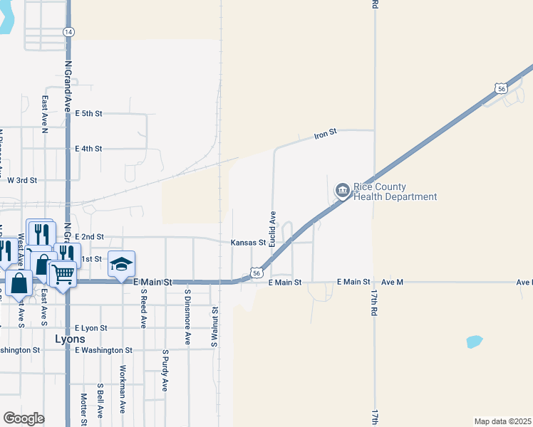 map of restaurants, bars, coffee shops, grocery stores, and more near 221 Euclid Avenue in Lyons
