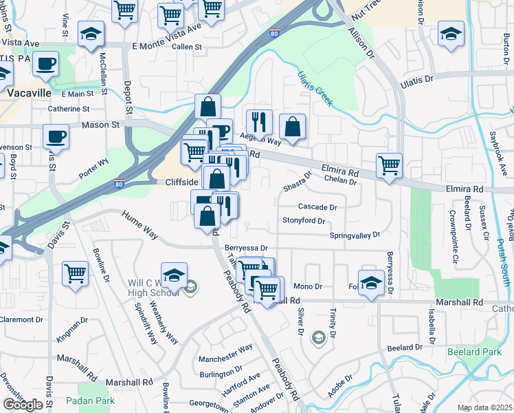 map of restaurants, bars, coffee shops, grocery stores, and more near 76 Del Rio Circle in Vacaville