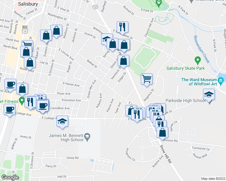 map of restaurants, bars, coffee shops, grocery stores, and more near 537 East Lincoln Avenue in Salisbury