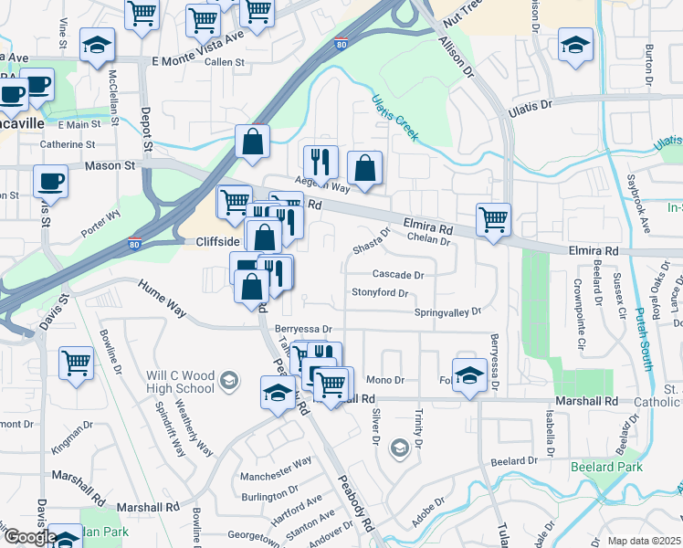 map of restaurants, bars, coffee shops, grocery stores, and more near 152 Del Rio Cir in Vacaville