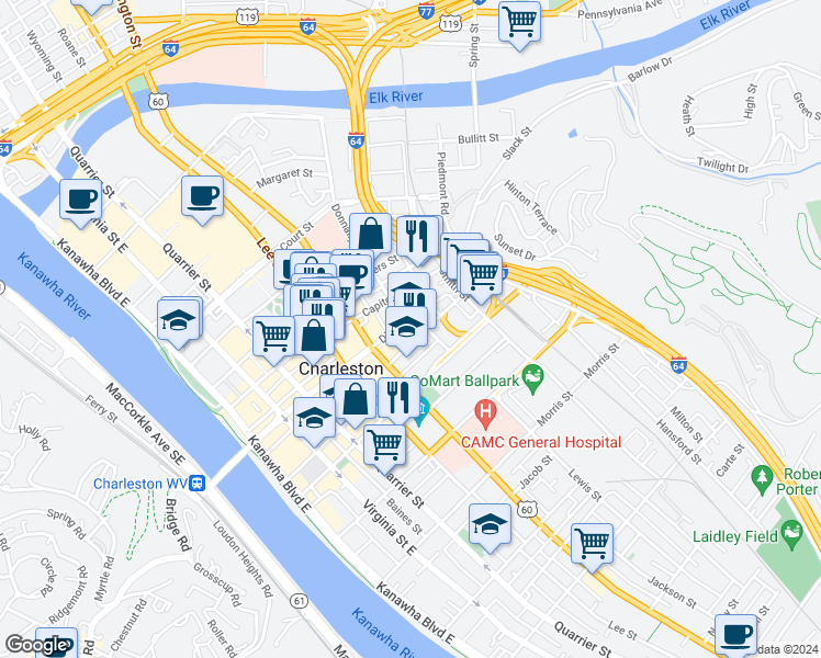 map of restaurants, bars, coffee shops, grocery stores, and more near 422 Dickinson Street in Charleston