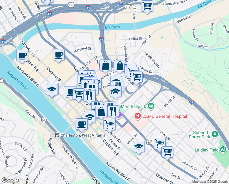 map of restaurants, bars, coffee shops, grocery stores, and more near in Charleston