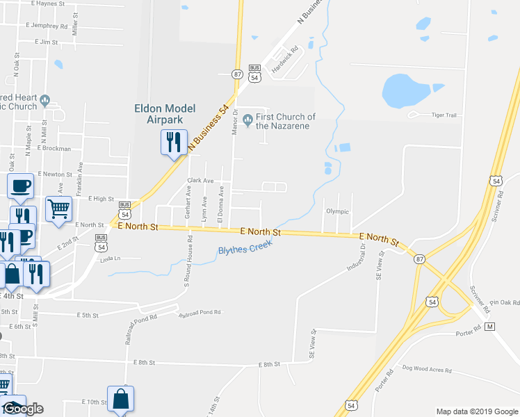 map of restaurants, bars, coffee shops, grocery stores, and more near 106 Willow Creek-1 in Eldon