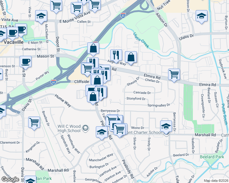 map of restaurants, bars, coffee shops, grocery stores, and more near 76 Del Rio Circle in Vacaville