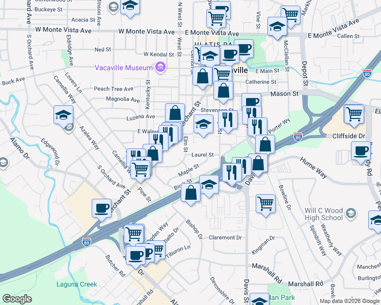 map of restaurants, bars, coffee shops, grocery stores, and more near 110 Maple Street in Vacaville
