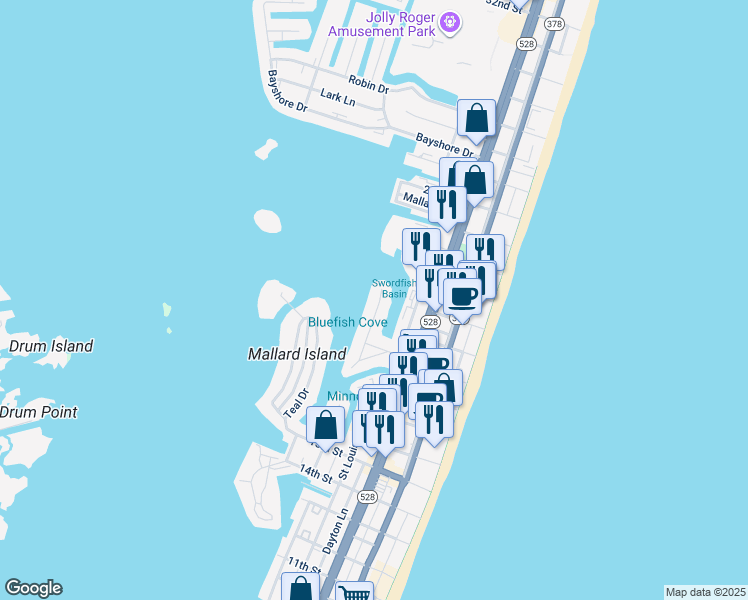 map of restaurants, bars, coffee shops, grocery stores, and more near 1929 Marlin Drive in Ocean City
