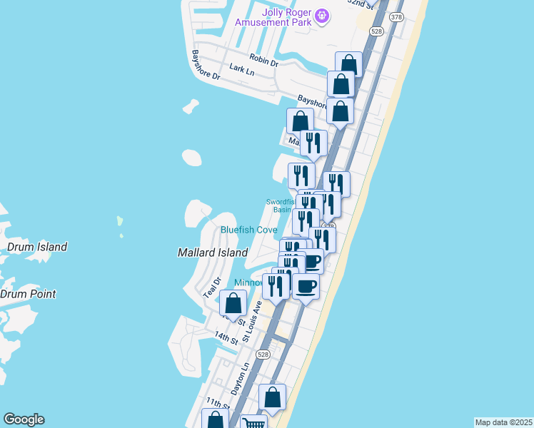 map of restaurants, bars, coffee shops, grocery stores, and more near 1929 Marlin Drive in Ocean City