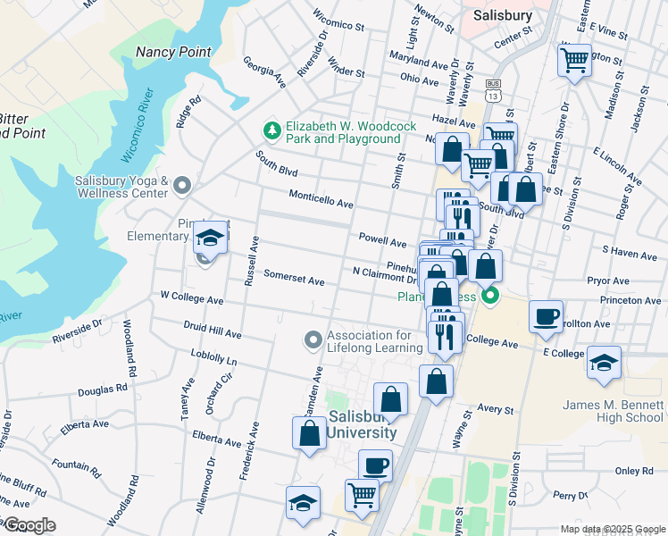 map of restaurants, bars, coffee shops, grocery stores, and more near 1004 Camden Avenue in Salisbury