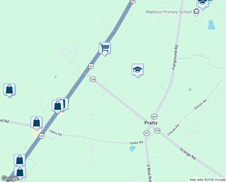 map of restaurants, bars, coffee shops, grocery stores, and more near 224 Orange Road in Pratts