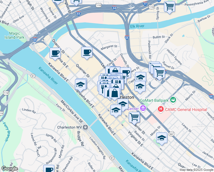 map of restaurants, bars, coffee shops, grocery stores, and more near 165 Summers Street in Charleston