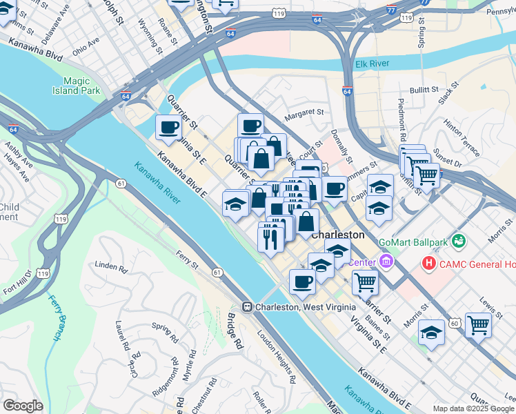 map of restaurants, bars, coffee shops, grocery stores, and more near in Charleston