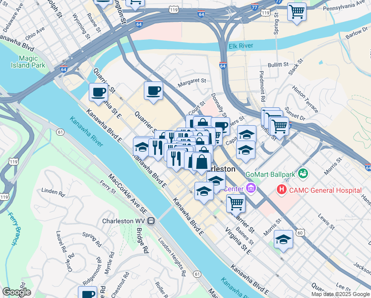 map of restaurants, bars, coffee shops, grocery stores, and more near 165 Summers Street in Charleston