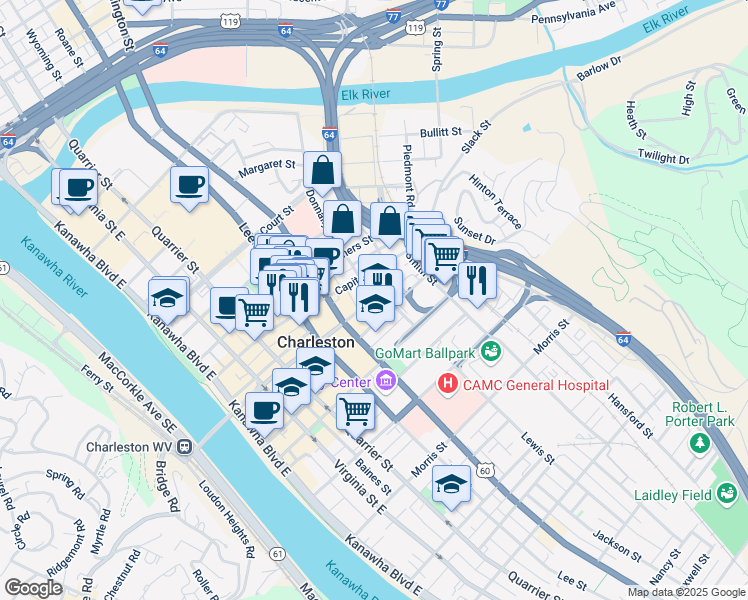 map of restaurants, bars, coffee shops, grocery stores, and more near 422 Dickinson Street in Charleston