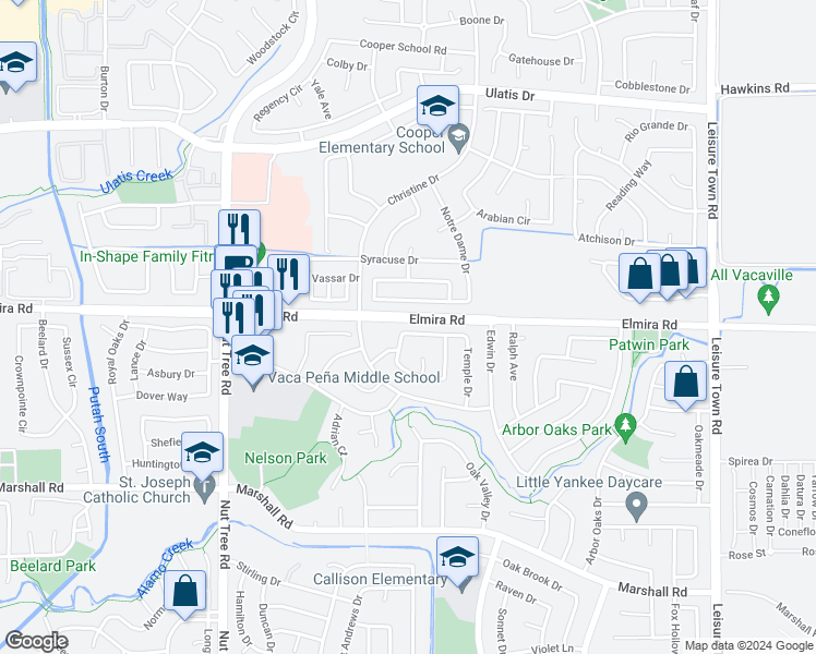 map of restaurants, bars, coffee shops, grocery stores, and more near 319 Temple Drive in Vacaville
